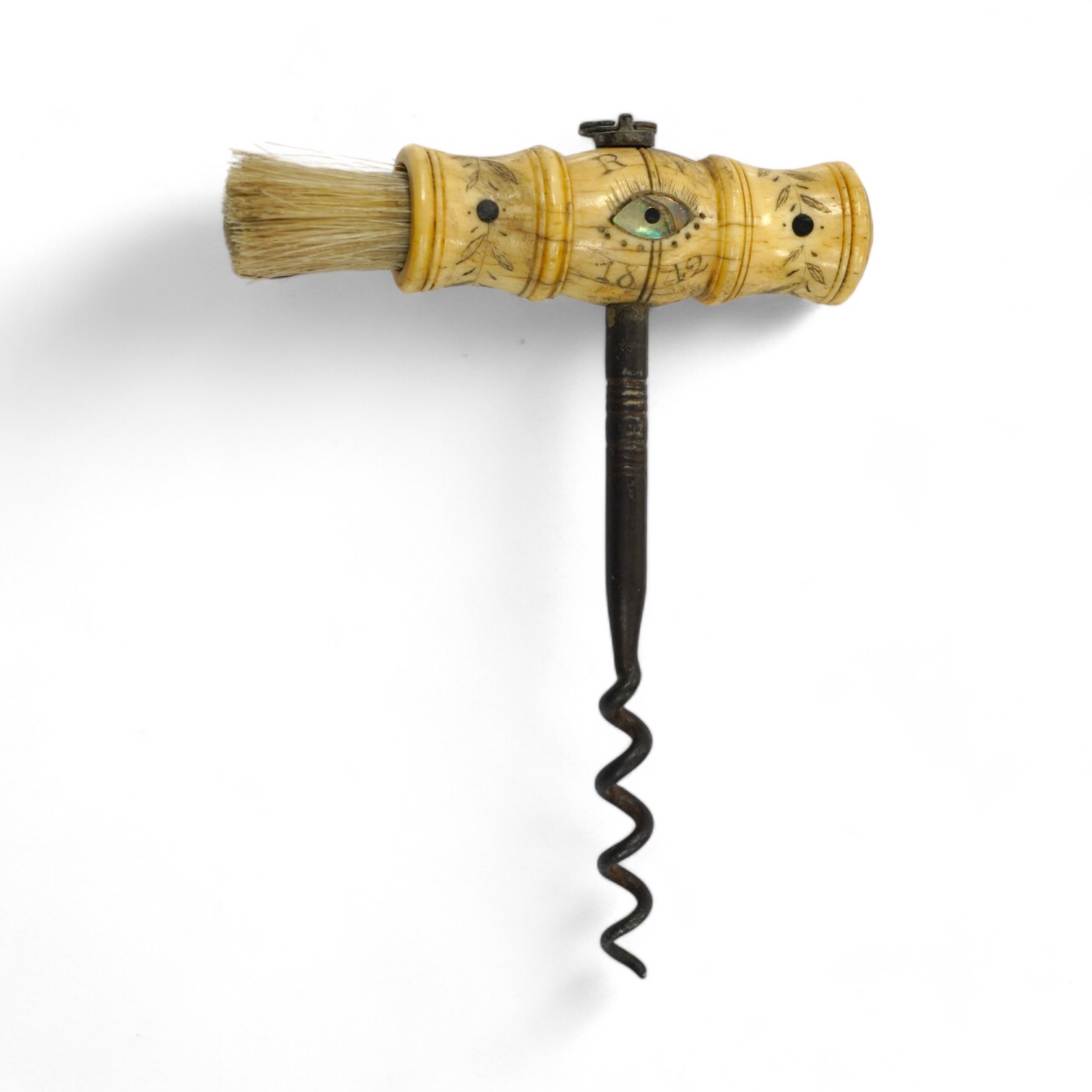 A Victorian bone handled corkscrew, inscribed 'Bark Salem, R.V. 1842'. Condition - good